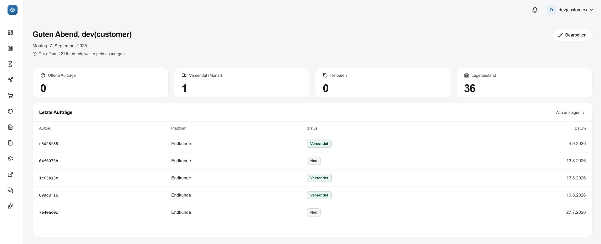 LePrep Dashboard mit Bestand und Sendungen in Echtzeit